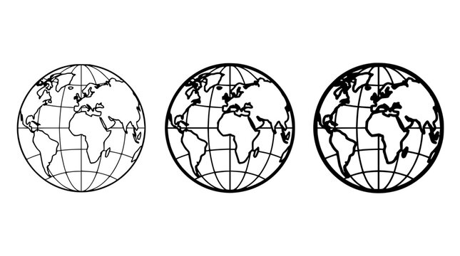 Three globe icons set with minimalist flat design featuring Earth, world, and planet symbols with clean lines and modern style