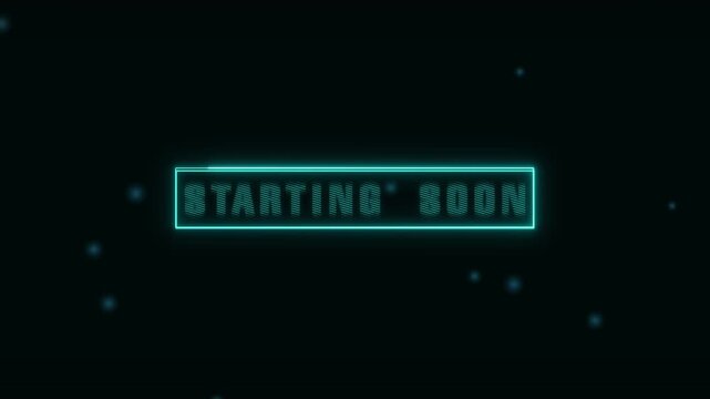 Cyan neon outline box displays starting soon text with bokeh lights. Dynamic stream graphics illuminate inside the neon outline box. Video broadcast teaser frames the neon outline box.