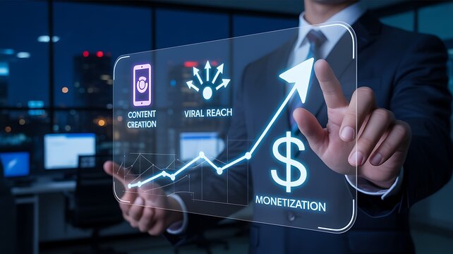 Businessman Interacting with Futuristic Digital Dashboard Showing Social Media Content Monetization Growth