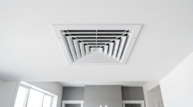 Square white ceiling air diffuser vent installed on a clean, modern interior ceiling in a brightly lit residential or commercial space.