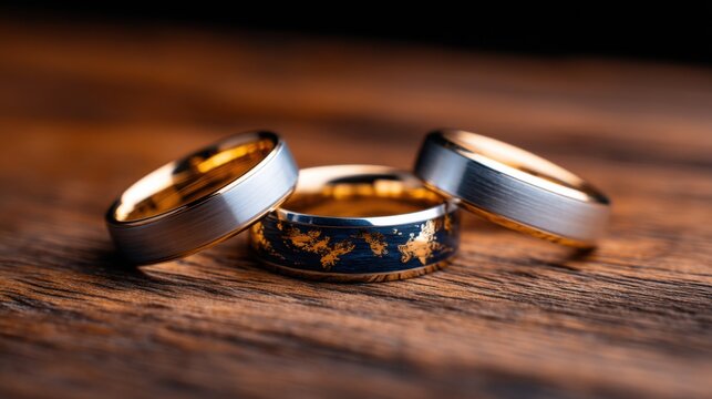 Three elegant rings rest on a wooden surface, featuring gold and silver tones, with one ring displaying a unique dark design with gold flecks.