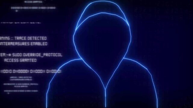 Anonymous hacker silhouette glows against an active blue data stream. Cyber security threat detection monitors the hacker silhouette. Digital crime investigation tracks the hacker silhouette.