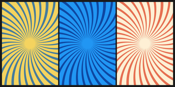 A vibrant set of three colorful backgrounds featuring a groovy swirl line pattern in yellow blue and orange retro graphic style
