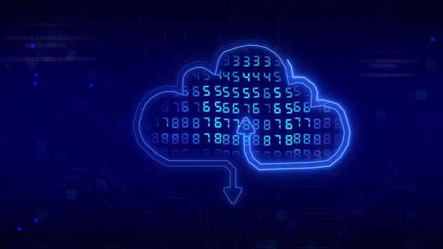 Glowing blue cloud icon displays scrolling numbers and download arrows. Online data transfer streams directly to the blue cloud icon. Secure server backup integrates with this blue cloud icon.