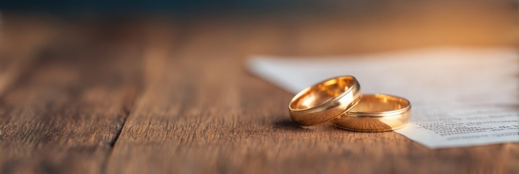 Two gold wedding rings placed on a wooden surface next to a blurred document, symbolizing marriage and commitment.