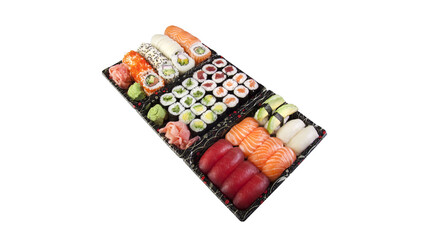 Assorted fresh sushi platter set with salmon tuna and maki rolls japanese assorted restaurant delicious appetizer takeaway delivery traditional ingredient cucumber chopsticks © Adiba