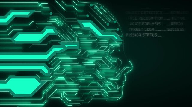 AI human head profile displays dynamic circuit board data metrics. Artificial intelligence technology operates the AI human head profile. High tech neural processing powers the AI human head profile.