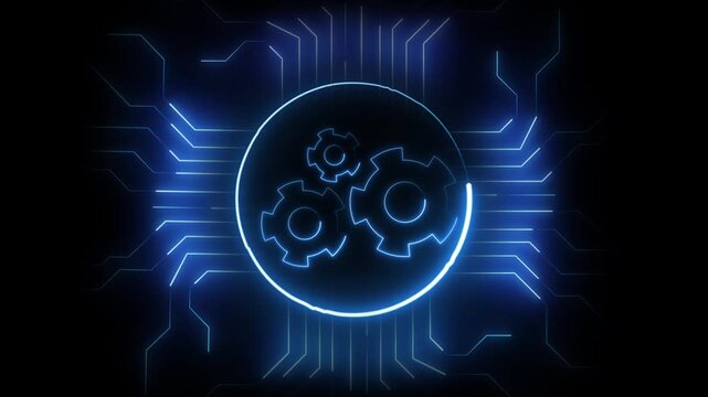 Blue circuit board animation features a glowing gear mechanism design. Industrial automation computing powers this blue circuit board. Smart mechanical technology runs on the blue circuit board.