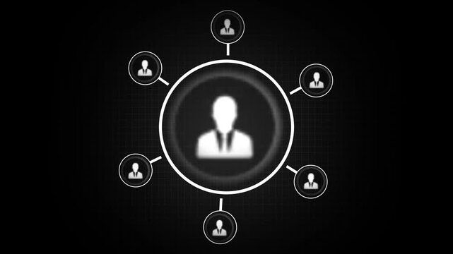 Central figure connects to multiple user silhouettes in a data tree. Collaborative team communication links to this central figure. Organizational leadership hierarchy drives the central figure.