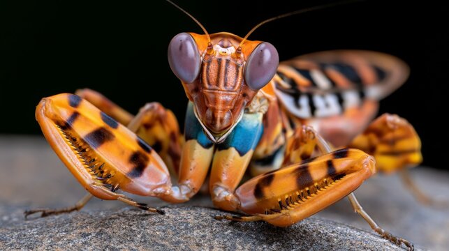 A close-up of a colorful praying mantis showcasing vibrant patterns and unique features.