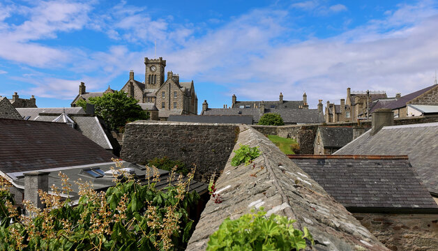 Panoramic skyline view of Lerwick, Shetland Scotland British Islands with medieval houses and architecture