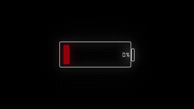 Empty battery indicator displays zero percent charge with red glow. Power depletion alert visualizes on this empty battery indicator. Urgent device charging alerts on the empty battery indicator.