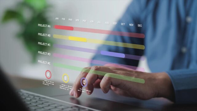 Managing project management timeline roadmap and milestone progress on a Gantt chart interface. Concept of corporate scheduling, workflow planning, and operations optimization.