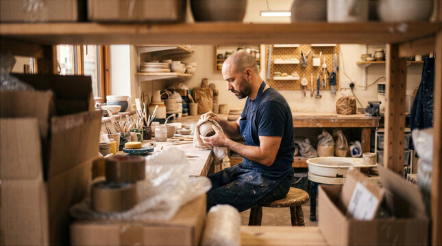 Potter working at wheel inside a warm artisan workshop