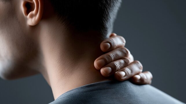 A close-up of a person gently massaging the neck, conveying relaxation and comfort.