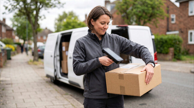 Courier preparing a delivery parcel beside a service van