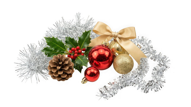 Christmas holiday decorations with red and gold ornaments, holly berries, pine cone, and silver tinsel isolated on transparent background