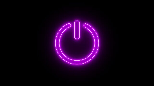 Vibrant purple neon power button glows against a dark visual backdrop. Electronic energy switch graphics frame this neon power button. Modern digital hardware control uses the neon power button.