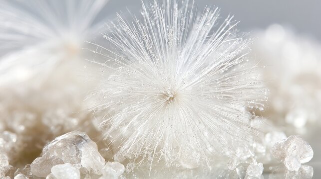 A close-up of delicate white plant structures resembling soft, feathery flowers.