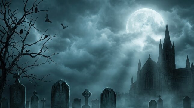 Spooky graveyard with old gravestones and full moon in green night sky