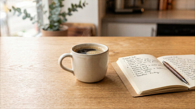 Coffee and daily task list arranged on a wooden desk