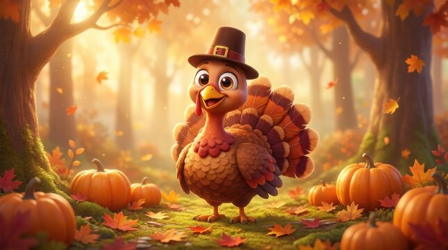 Cute turkey wearing a pilgrim hat in a sunny autumn forest with pumpkins