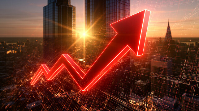 A glowing red financial growth arrow overlays a sunset city skyline with digital grid lines. Ideal for business investment and economic recovery concepts.
