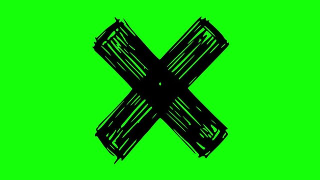 hand drawn black cross symbol animation with a line boil wiggle effect isolated on a green screen chroma key background. Perfect for motion graphics and video editing