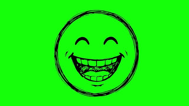 hand drawn style black fill laughing emoji animation with line boil effect on green screen chroma key background. Perfect for content creators and video editors
