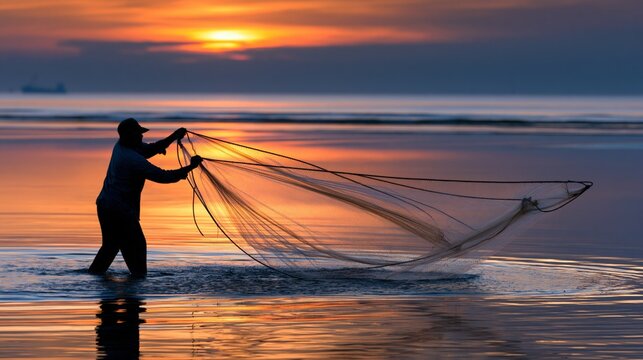 A fisherman casts his net at sunset, capturing the beauty of nature and tradition.