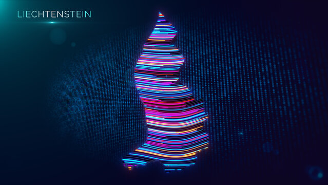Modern abstract composition featuring a glowing 3D Liechtenstein map with colorful neon lines, digital grid background, particles, depth of field, light flare, bokeh, and Liechtenstein text.