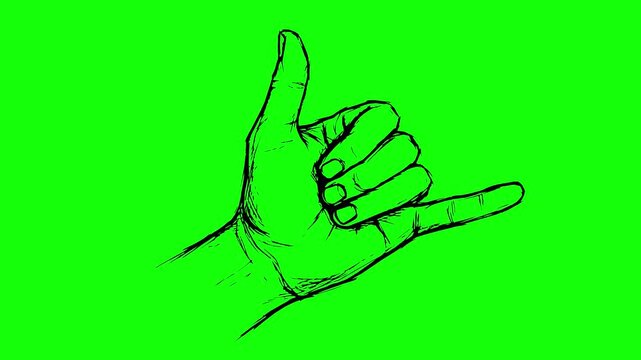 hand gesture shaka sign animation with black fill style on a green screen chroma key background. Dynamic line boil loop effect for video editing projects