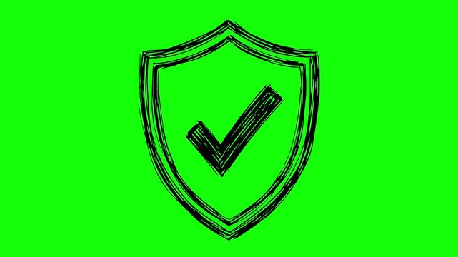hand drawn shield with check mark animation on green screen background. Line boil effect with black fill style