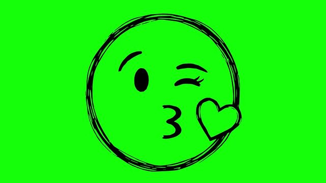 black fill hand drawn style wink kiss emoji animation with line boil effect on green screen background. Perfect for motion graphics and video editing projects