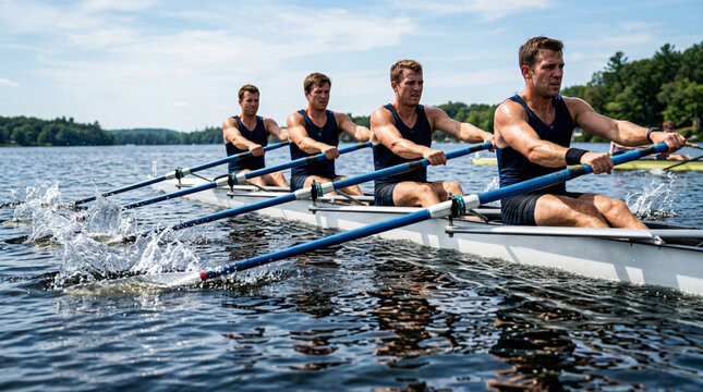 Four men rowing scull boat on lake, teamwork, focus, summer sports, action