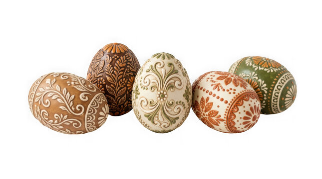 Five decorative easter eggs with intricate floral and geometric patterns isolated on transparent background