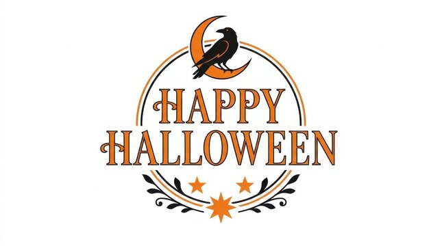 Happy Halloween vintage wreath with crow and glowing pumpkin on white background