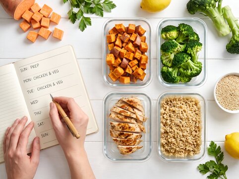 Person writing weekly meal plan for healthy food prep containers