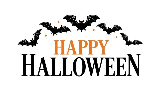 Flying bats over Happy Halloween bold orange and black typography vector illustration for festive designs