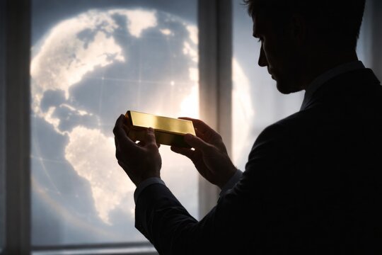 Silhouette of man examining gold bar near window, concept of investing