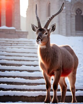 A red   markhor baby goat kid  genetic hybrid experiment fantasy animal, fictional species in a cathedral steps
