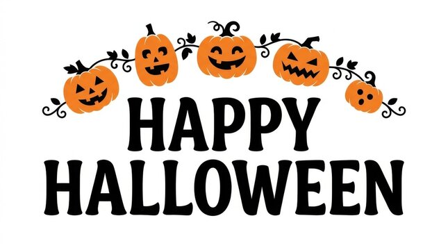 Halloween pumpkin jack-o-lanterns with bats and Happy Halloween text vector illustration