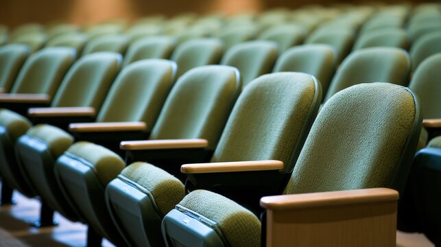 A row of empty green theater seats arranged neatly in an auditorium.