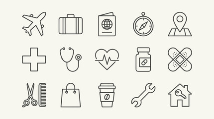 Fototapeta premium Travel medical and lifestyle utility line icons