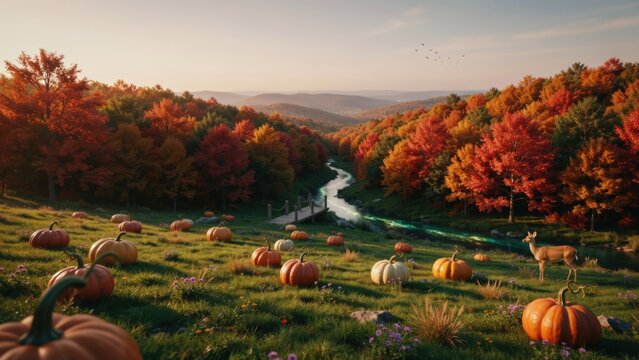 Stunning autumn landscape with a pumpkin patch and river flowing through hills