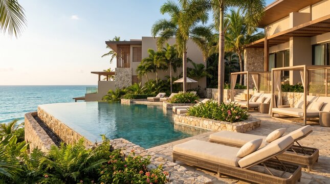 Luxury Resort Infinity Pool and Sun Loungers Overlooking Tropical Turquoise Ocean