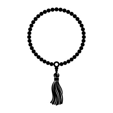 Islamic prayer beads with tassel vector, black tasbih subha illustration, religious rosary beads for meditation and dhikr isolated on White Background
