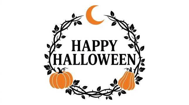 Happy Halloween vintage wreath with pumpkins and crescent moon on blackboard background