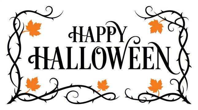 Elegant Halloween greeting card with spooky black vine typography and orange pumpkin accents