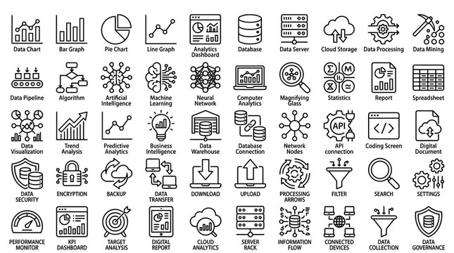 Big Data Analysis Thin Line Icon Set with Analytics, Data Processing, Cloud Computing, Statistics, Dashboards, and Digital Technology